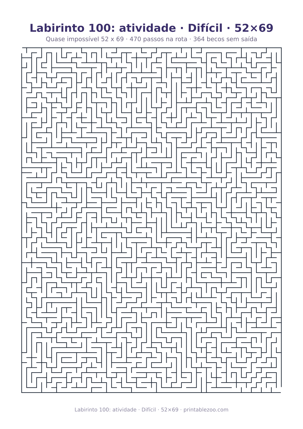 Prévia pronta para imprimir: Labirinto 100: atividade · Difícil · 52×69, catálogo nº 160142 Passatempo nº 160142.