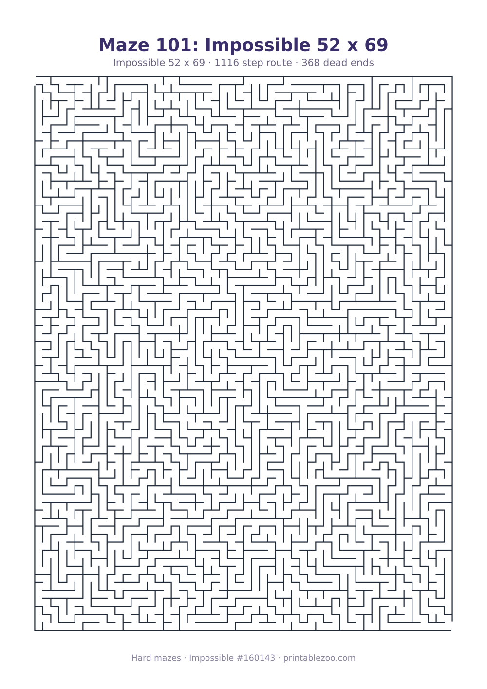Printable impossible maze, 52x69 squares, 368 dead ends and a 1116 step route Puzzle #160143.