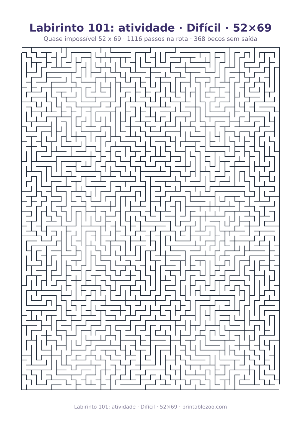 Prévia pronta para imprimir: Labirinto 101: atividade · Difícil · 52×69, catálogo nº 160143 Passatempo nº 160143.