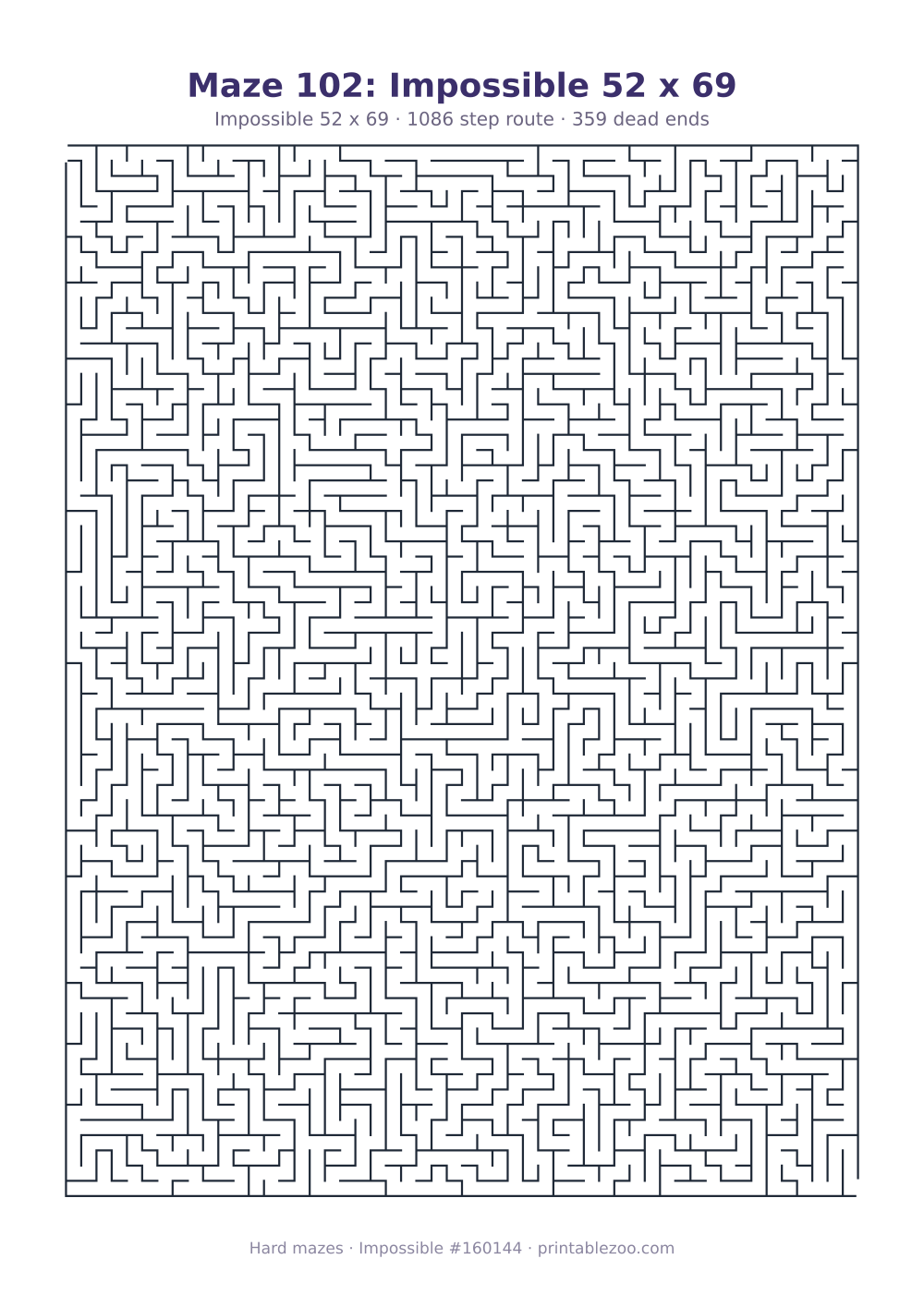 Printable impossible maze, 52x69 squares, 359 dead ends and a 1086 step route Puzzle #160144.