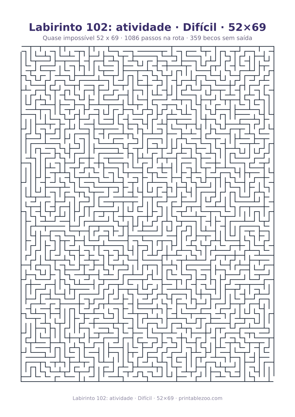 Prévia pronta para imprimir: Labirinto 102: atividade · Difícil · 52×69, catálogo nº 160144 Passatempo nº 160144.