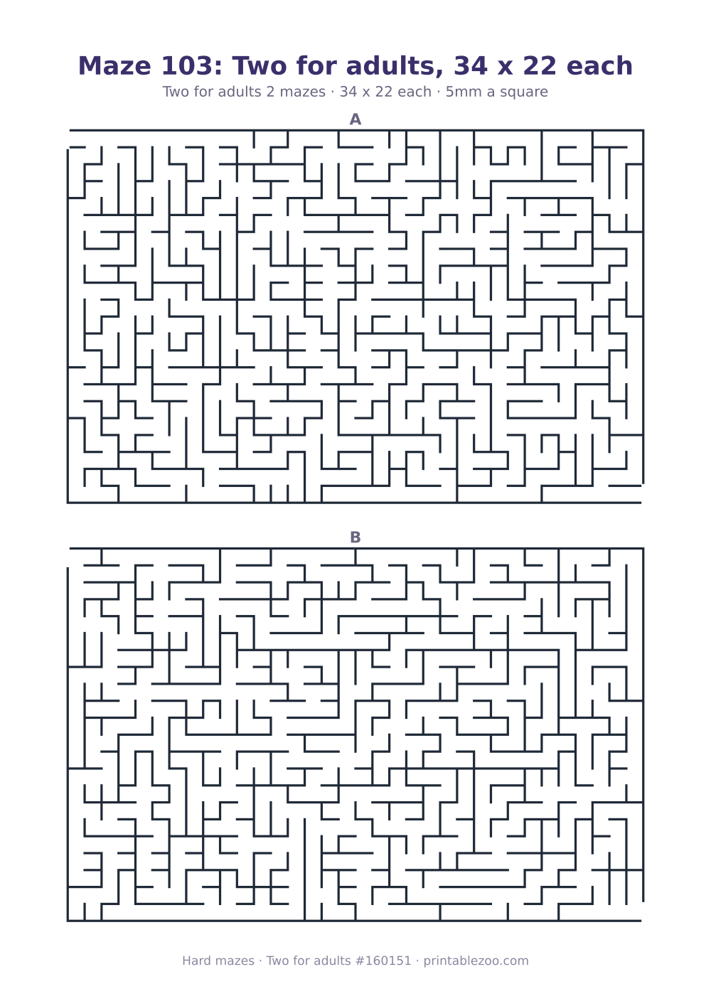 Printable sheet of 2 hard mazes for adults, 34 by 22 squares each and 371 dead ends in all Puzzle #160151.