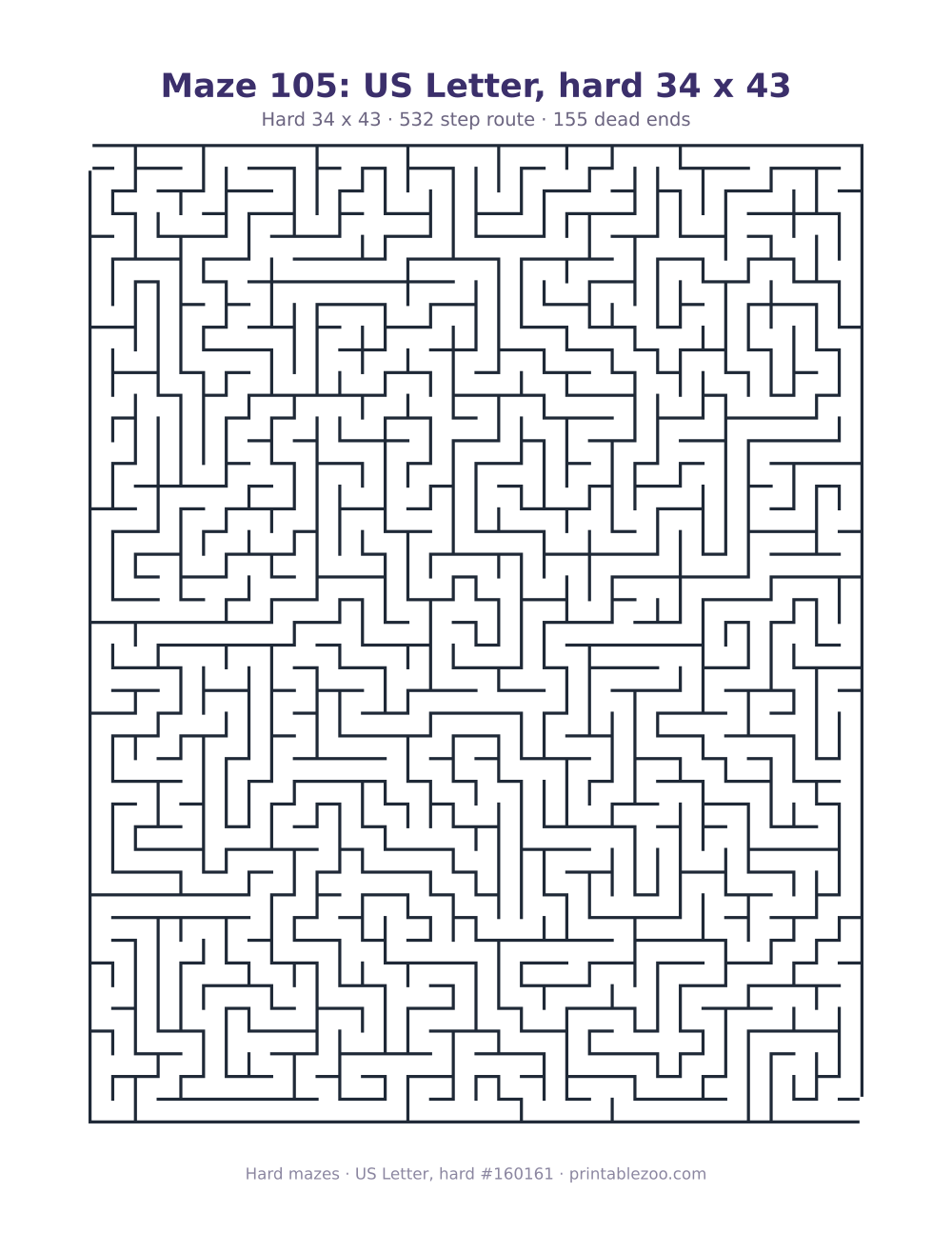 Printable hard maze on US Letter, 34 by 43 squares and a 532 step route Puzzle #160161.