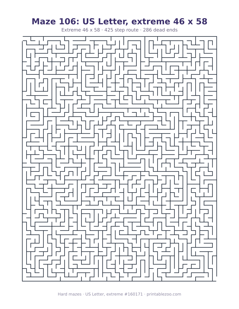 Printable extreme maze on US Letter, 46 by 58 squares and a 425 step route Puzzle #160171.