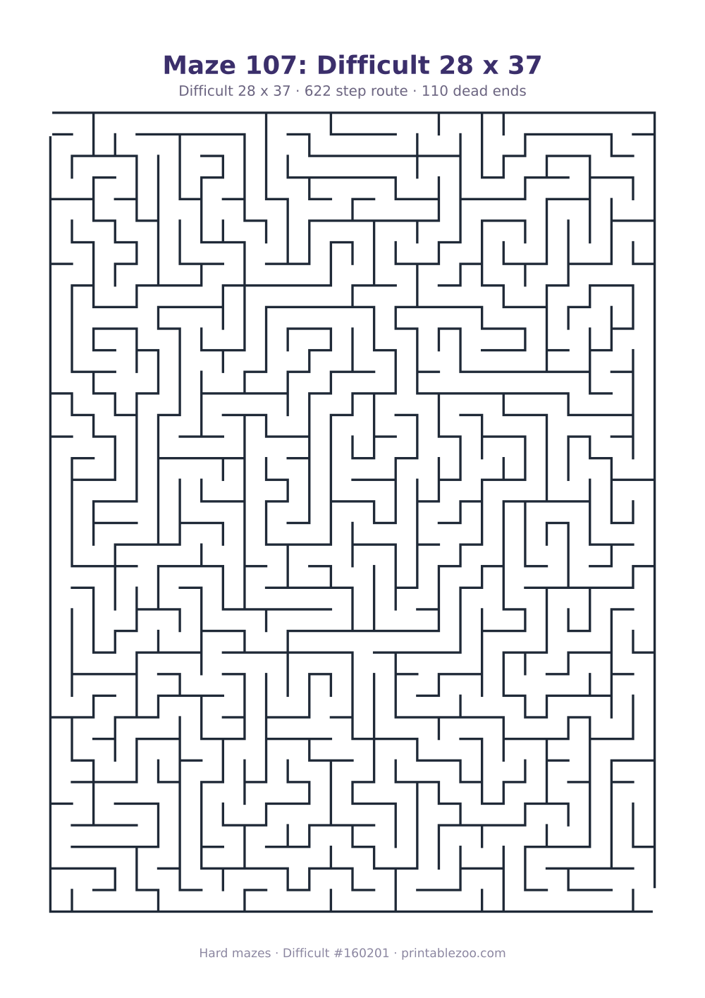 Printable difficult maze on a 28 by 37 grid with 110 dead ends and a 622 step route Puzzle #160201.