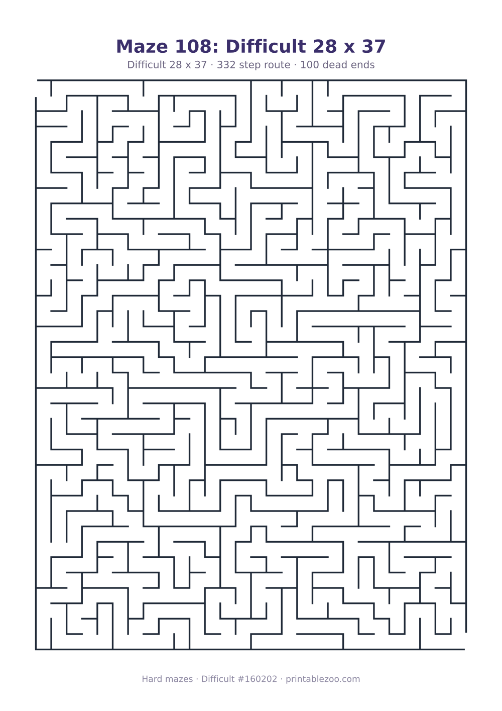 Printable difficult maze on a 28 by 37 grid with 100 dead ends and a 332 step route Puzzle #160202.