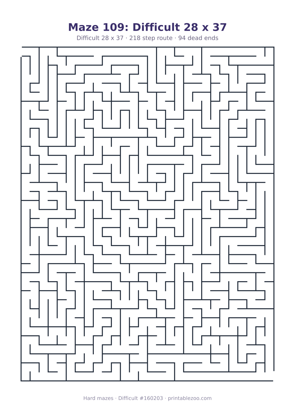 Printable difficult maze on a 28 by 37 grid with 94 dead ends and a 218 step route Puzzle #160203.
