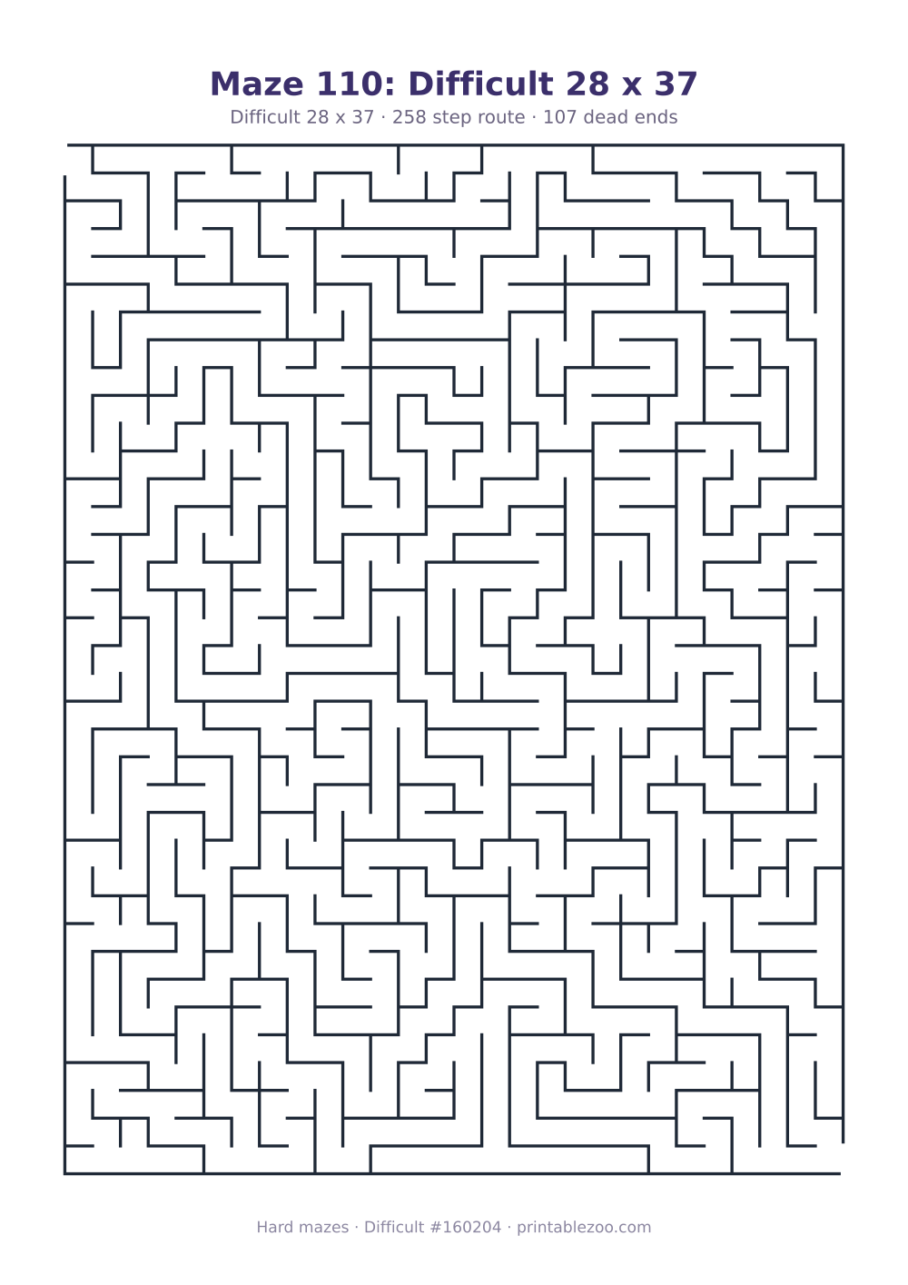 Printable difficult maze on a 28 by 37 grid with 107 dead ends and a 258 step route Puzzle #160204.