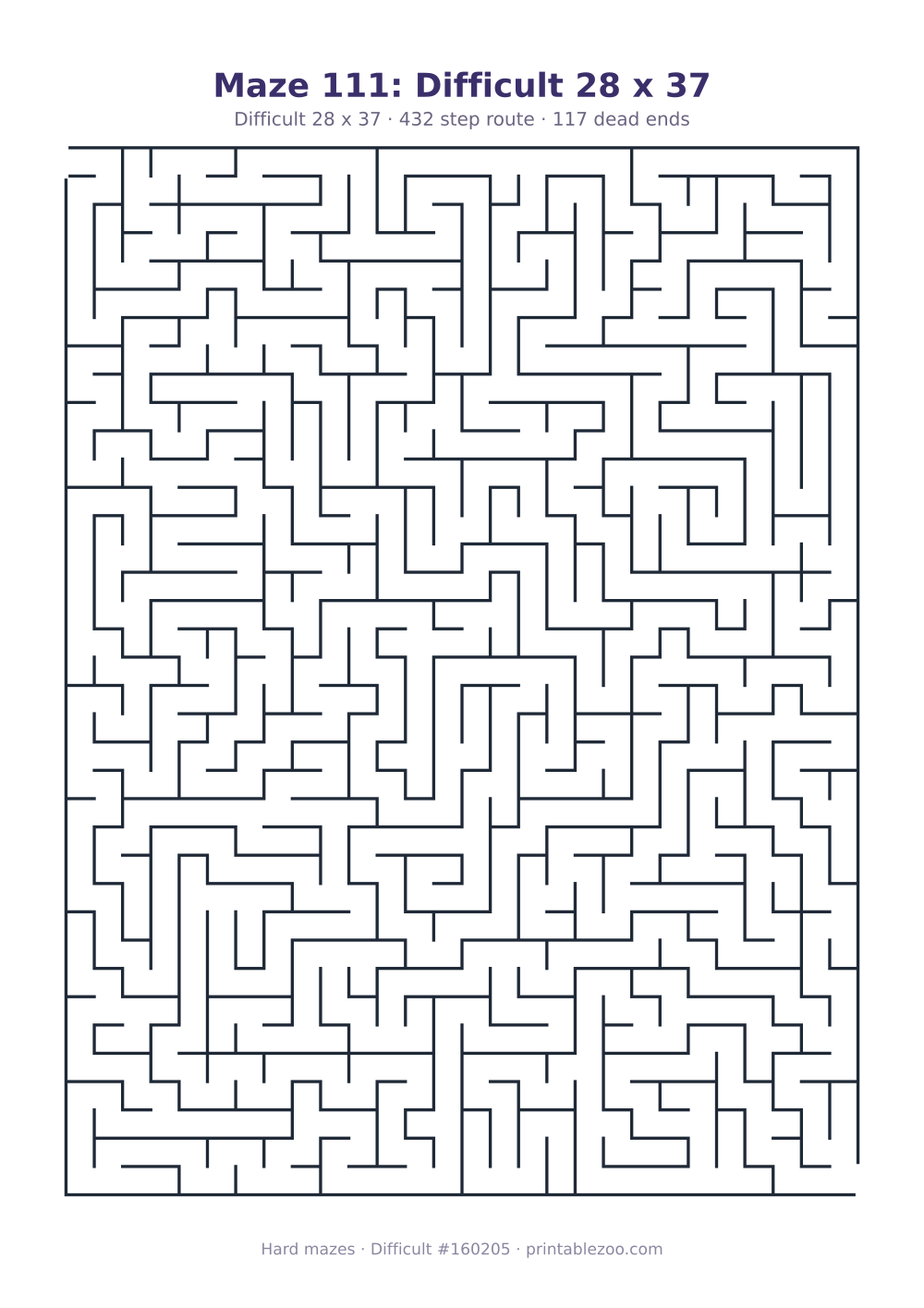 Printable difficult maze on a 28 by 37 grid with 117 dead ends and a 432 step route Puzzle #160205.