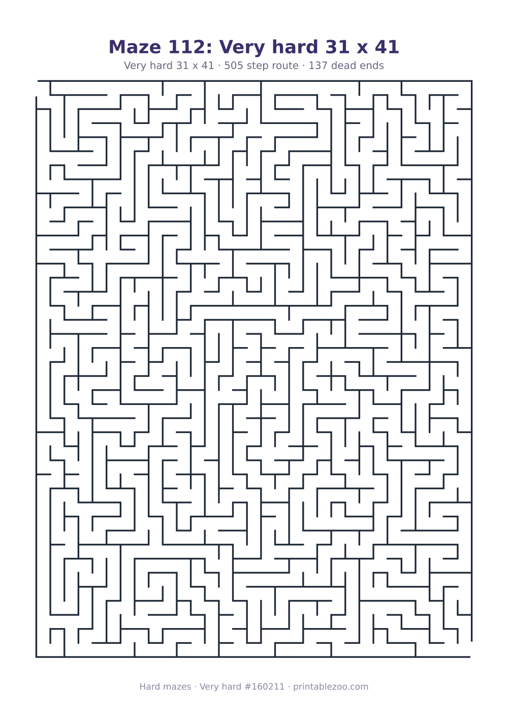 Printable very hard maze on a 31 by 41 grid with 137 dead ends and a 505 step route Puzzle #160211.