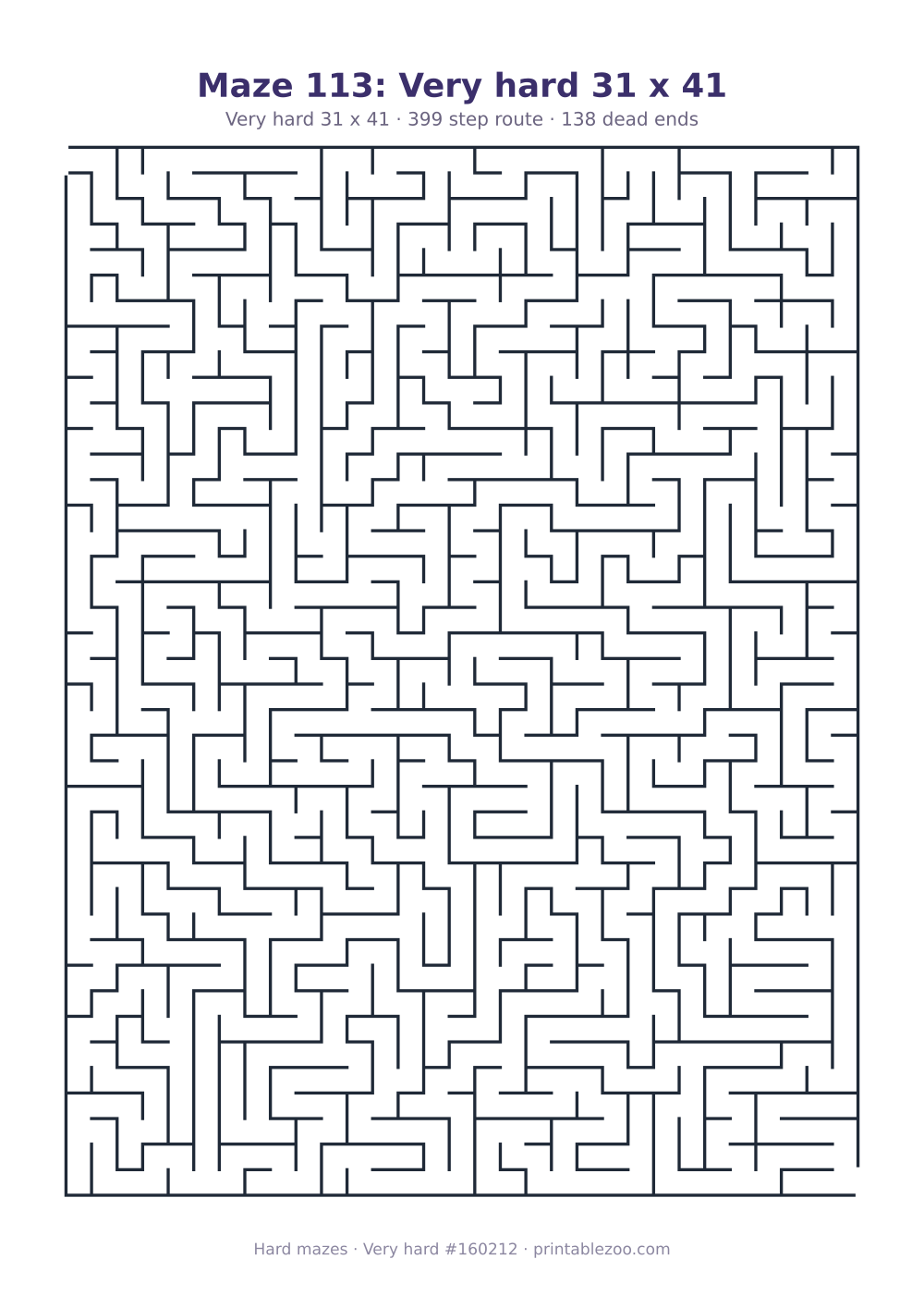 Printable very hard maze on a 31 by 41 grid with 138 dead ends and a 399 step route Puzzle #160212.