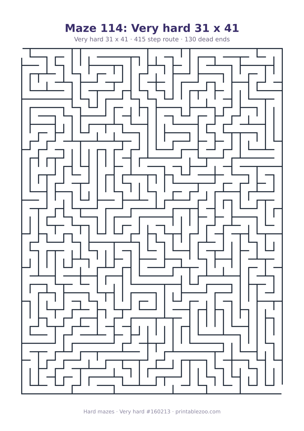 Printable very hard maze on a 31 by 41 grid with 130 dead ends and a 415 step route Puzzle #160213.