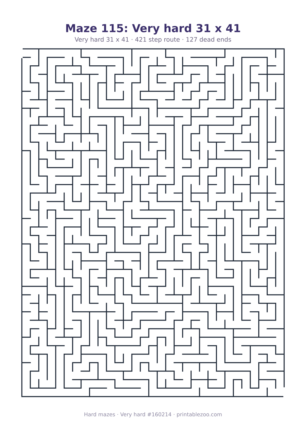 Printable very hard maze on a 31 by 41 grid with 127 dead ends and a 421 step route Puzzle #160214.