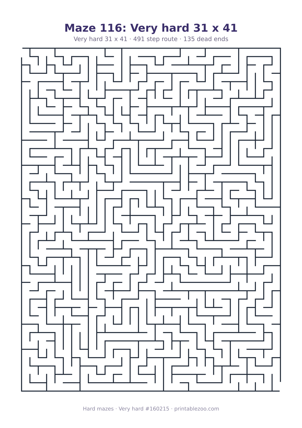 Printable very hard maze on a 31 by 41 grid with 135 dead ends and a 491 step route Puzzle #160215.