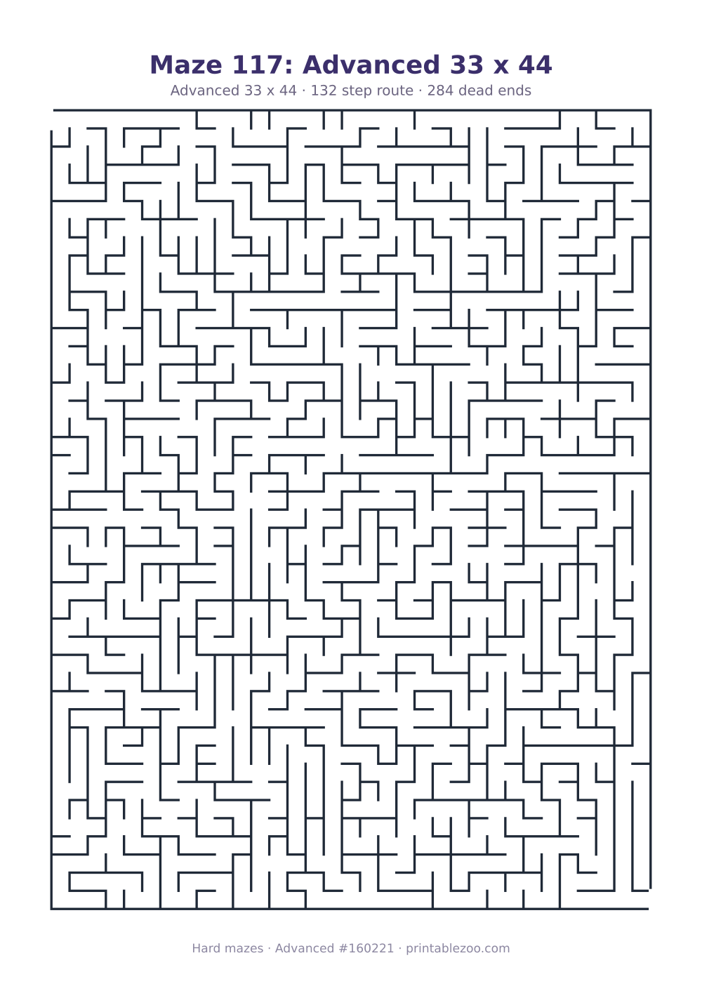 Printable advanced maze on a 33 by 44 grid with 284 dead ends and a 132 step route Puzzle #160221.