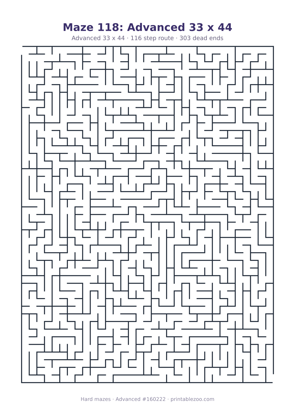 Printable advanced maze on a 33 by 44 grid with 303 dead ends and a 116 step route Puzzle #160222.