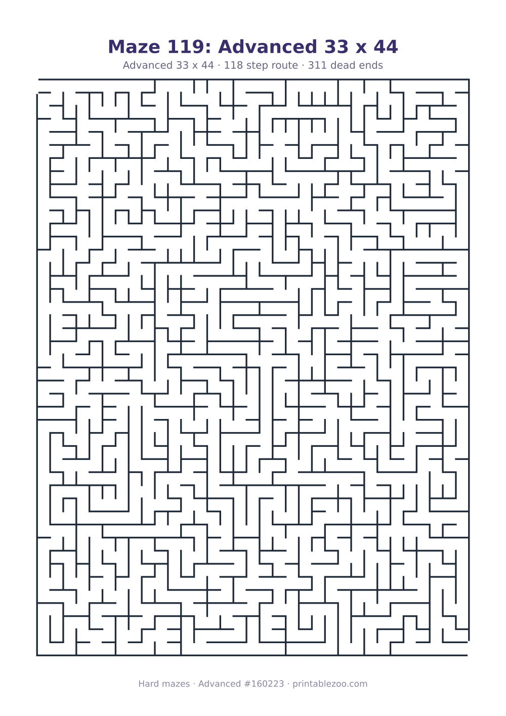 Printable advanced maze on a 33 by 44 grid with 311 dead ends and a 118 step route Puzzle #160223.