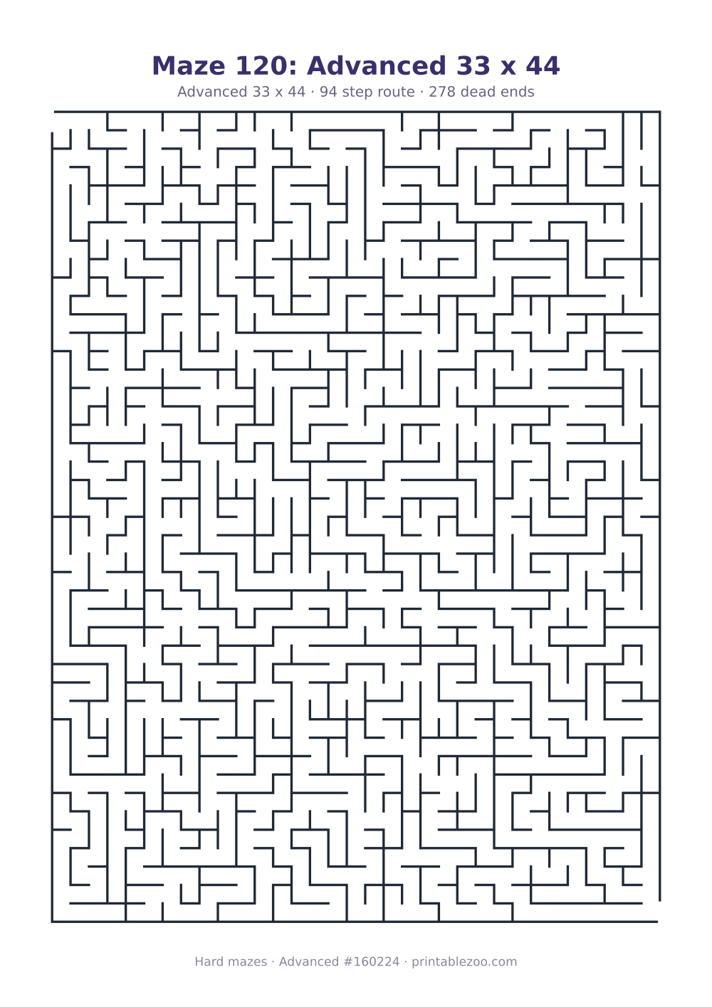 Printable advanced maze on a 33 by 44 grid with 278 dead ends and a 94 step route Puzzle #160224.