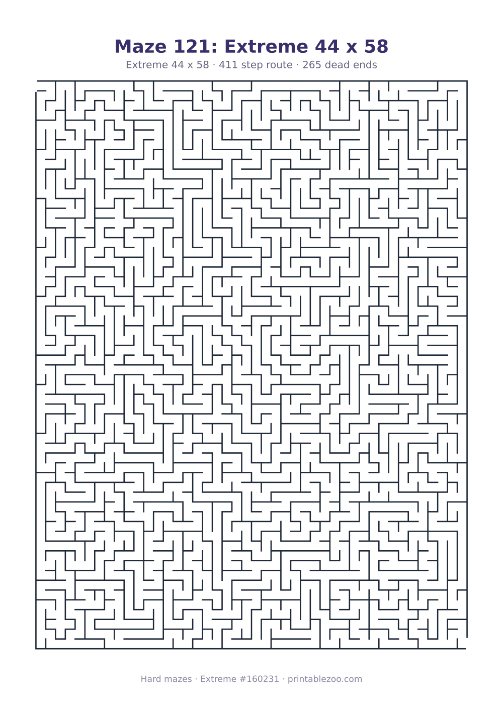 Printable extreme maze, 44x58 squares, 265 dead ends and a 411 step route Puzzle #160231.
