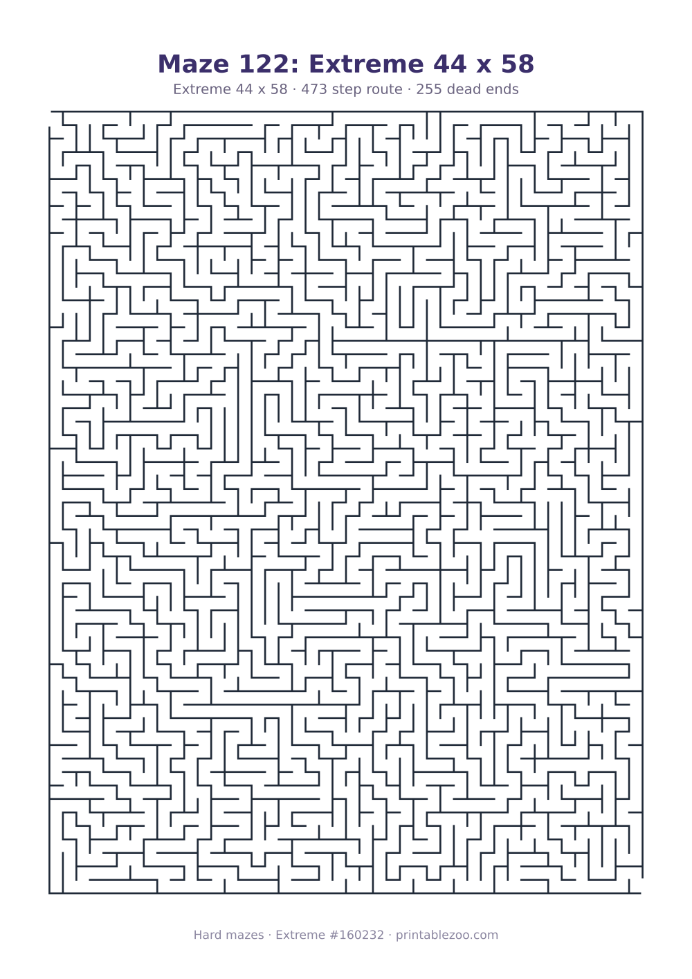 Printable extreme maze, 44x58 squares, 255 dead ends and a 473 step route Puzzle #160232.