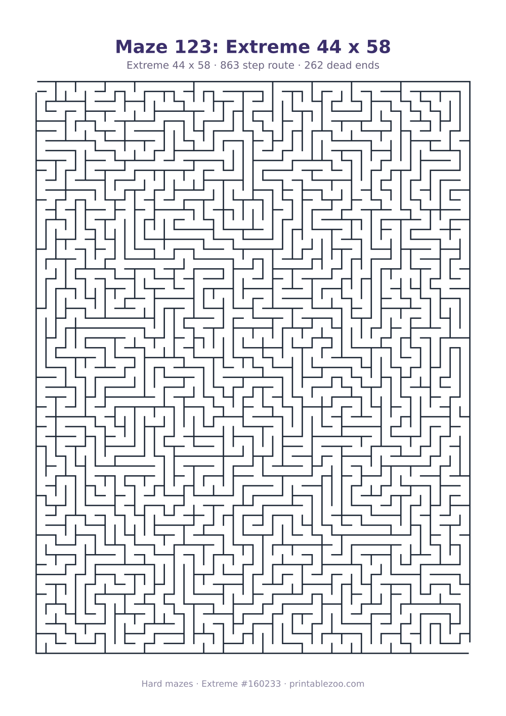 Printable extreme maze, 44x58 squares, 262 dead ends and a 863 step route Puzzle #160233.