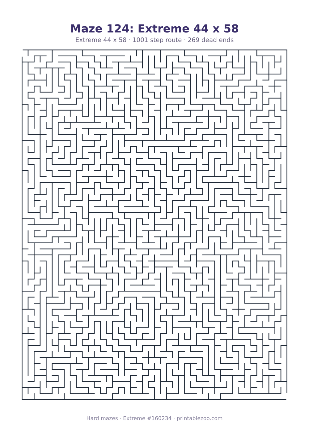 Printable extreme maze, 44x58 squares, 269 dead ends and a 1001 step route Puzzle #160234.