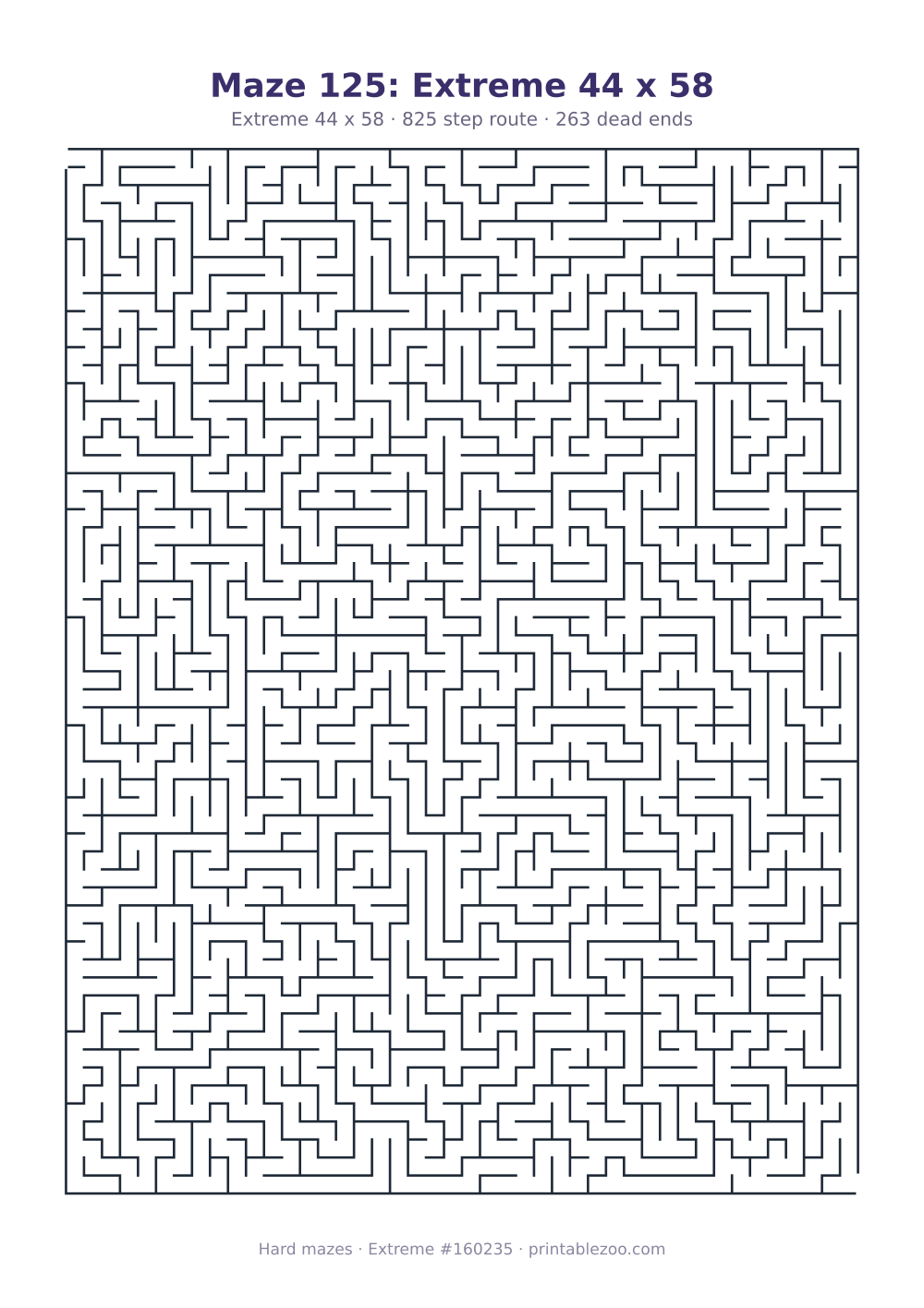 Printable extreme maze, 44x58 squares, 263 dead ends and a 825 step route Puzzle #160235.