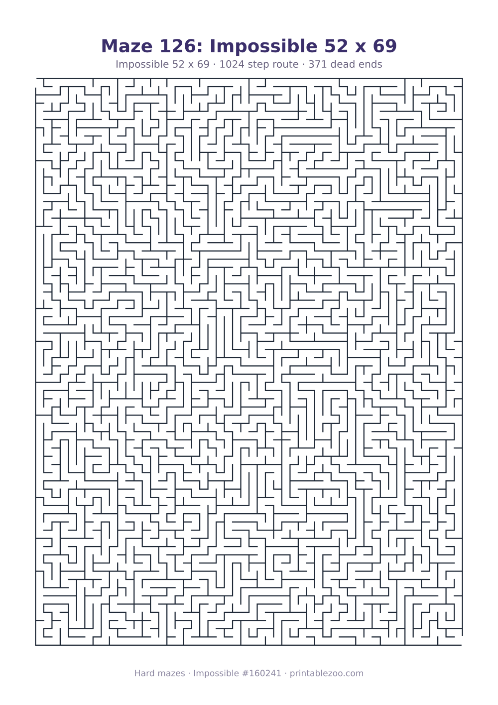 Printable impossible maze, 52x69 squares, 371 dead ends and a 1024 step route Puzzle #160241.