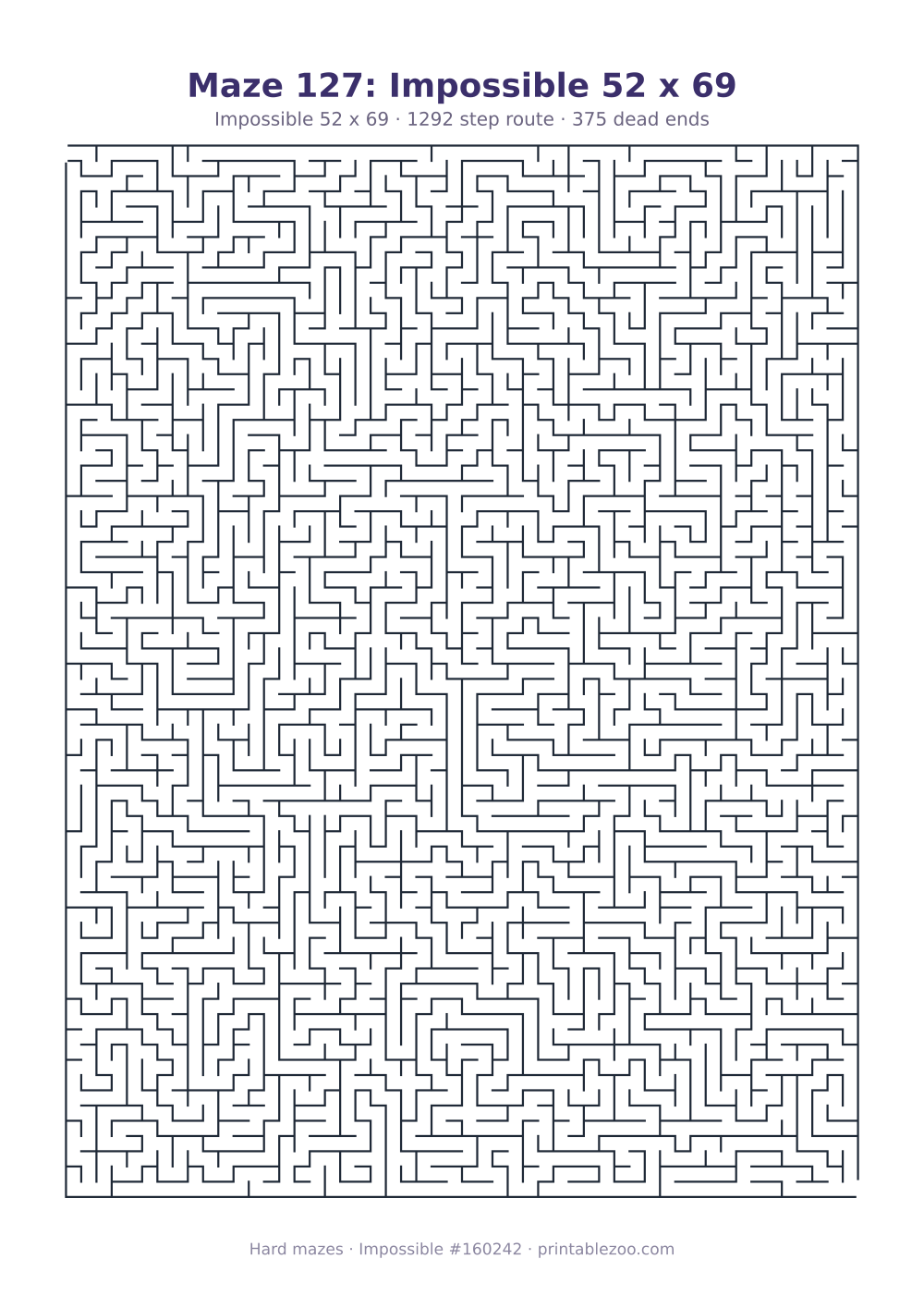 Printable impossible maze, 52x69 squares, 375 dead ends and a 1292 step route Puzzle #160242.