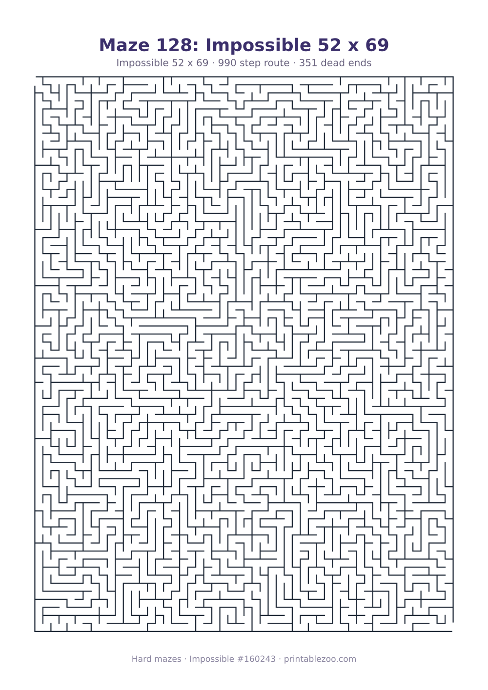 Printable impossible maze, 52x69 squares, 351 dead ends and a 990 step route Puzzle #160243.