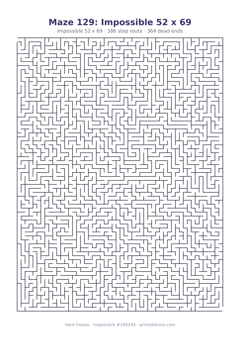 Printable impossible maze, 52x69 squares, 364 dead ends and a 386 step route Puzzle #160244.