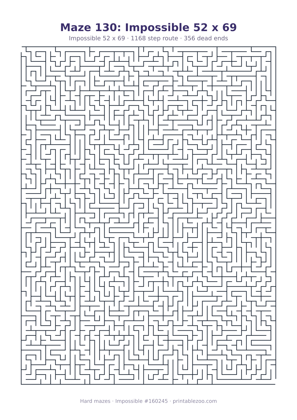 Printable impossible maze, 52x69 squares, 356 dead ends and a 1168 step route Puzzle #160245.