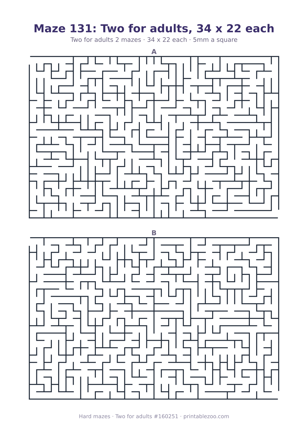 Printable sheet of 2 hard mazes for adults, 34 by 22 squares each and 382 dead ends in all Puzzle #160251.