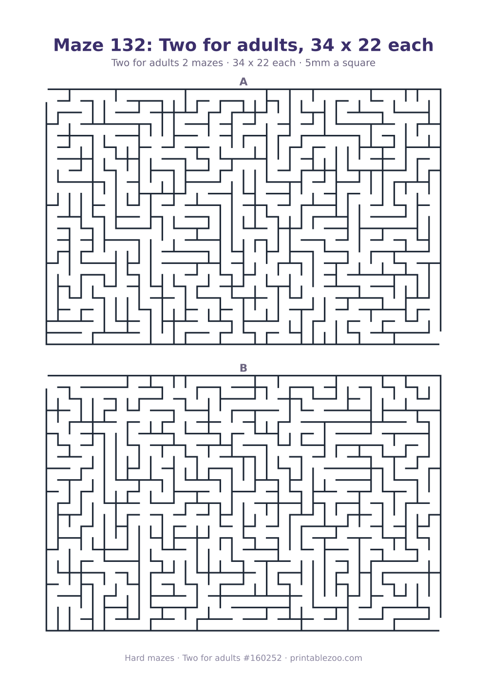 Printable sheet of 2 hard mazes for adults, 34 by 22 squares each and 336 dead ends in all Puzzle #160252.