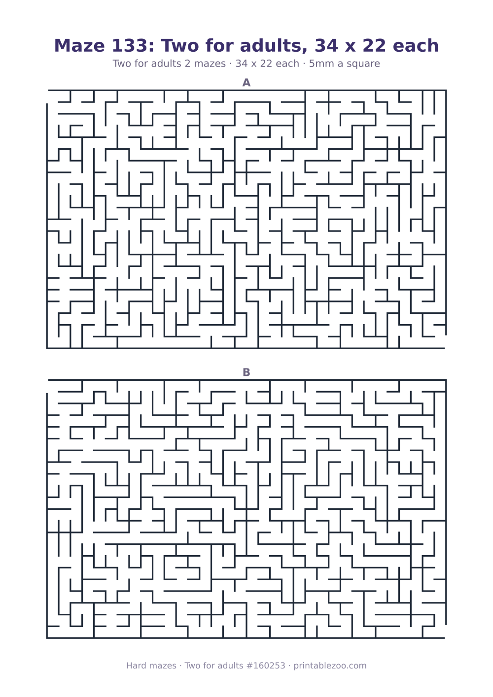 Printable sheet of 2 hard mazes for adults, 34 by 22 squares each and 371 dead ends in all Puzzle #160253.