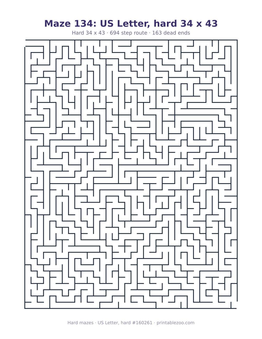 Printable hard maze on US Letter, 34 by 43 squares and a 694 step route Puzzle #160261.