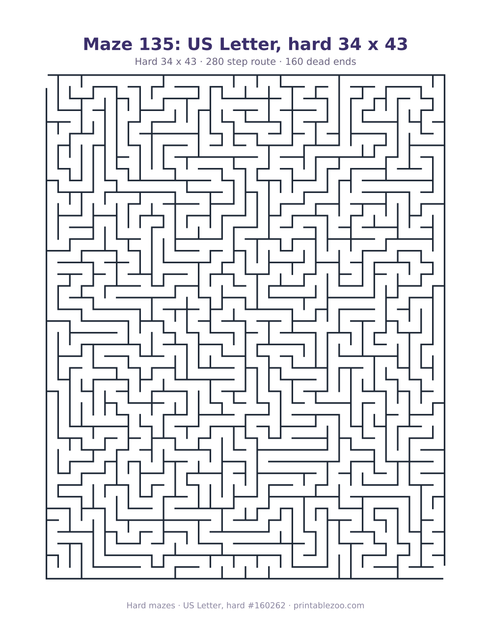Printable hard maze on US Letter, 34 by 43 squares and a 280 step route Puzzle #160262.