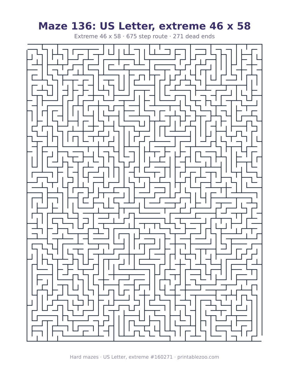 Printable extreme maze on US Letter, 46 by 58 squares and a 675 step route Puzzle #160271.