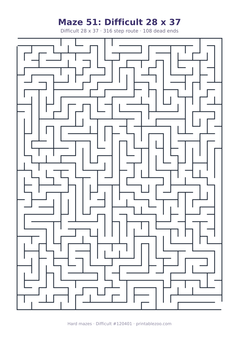 Printable difficult maze on a 28 by 37 grid with 108 dead ends and a 316 step route
