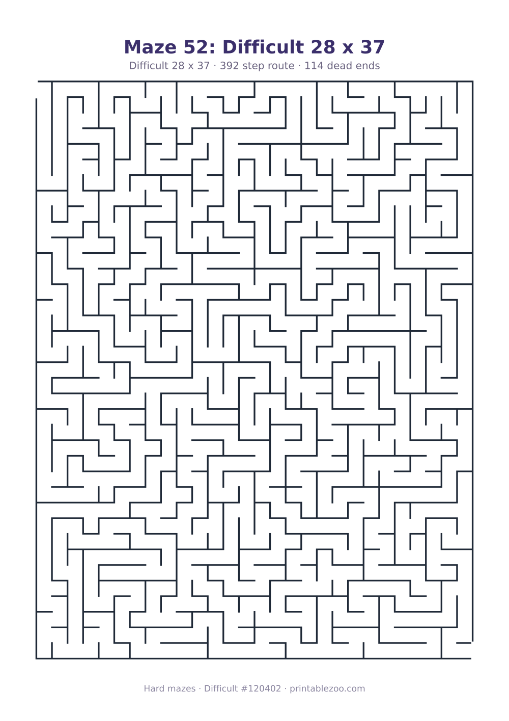 Printable difficult maze on a 28 by 37 grid with 114 dead ends and a 392 step route