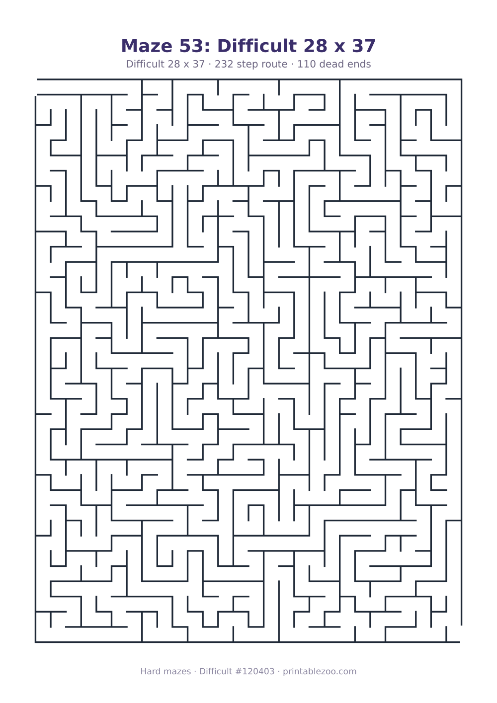 Printable difficult maze on a 28 by 37 grid with 110 dead ends and a 232 step route