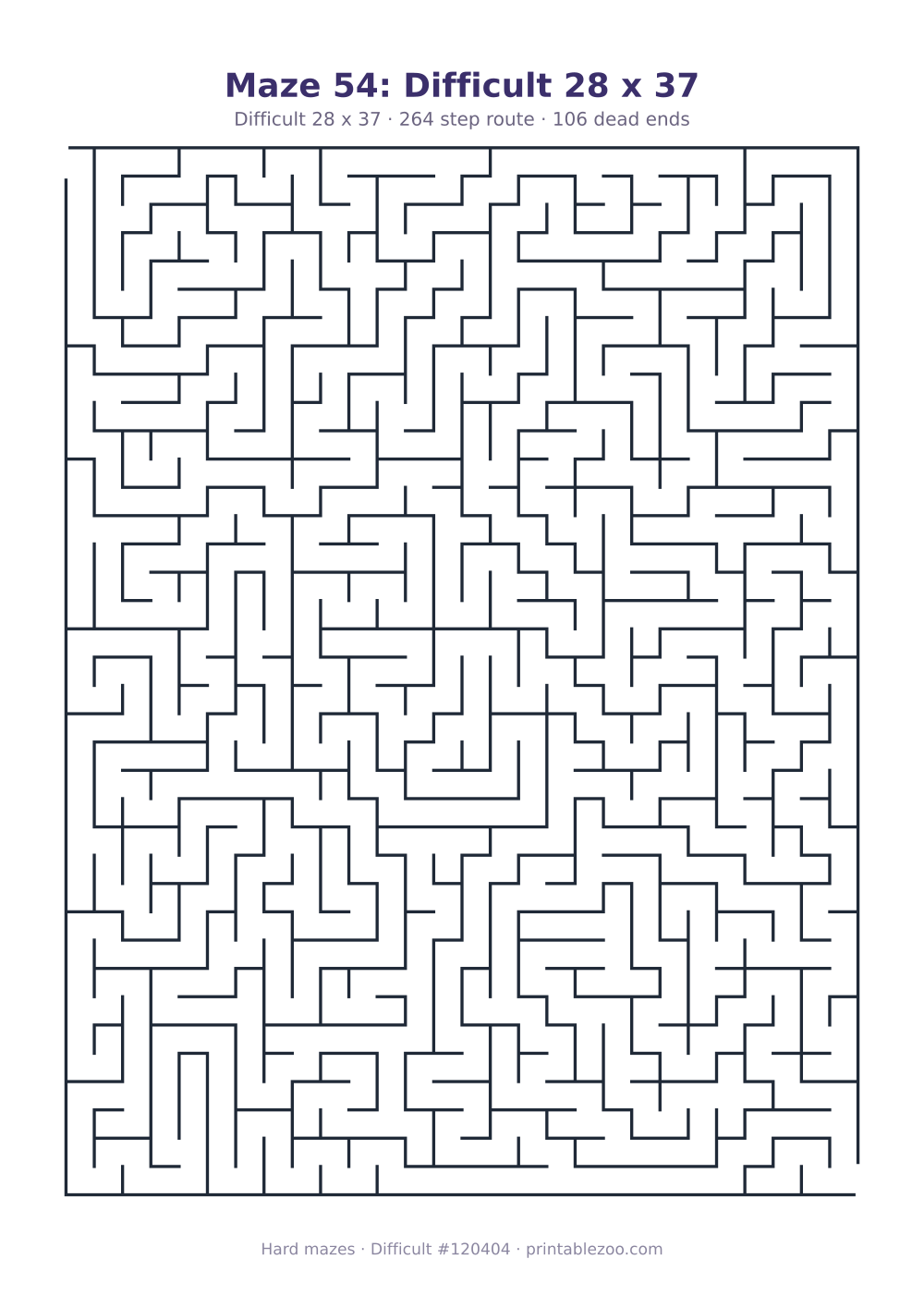 Printable difficult maze on a 28 by 37 grid with 106 dead ends and a 264 step route
