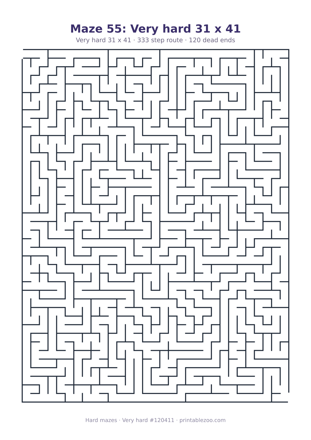 Printable very hard maze on a 31 by 41 grid with 120 dead ends and a 333 step route