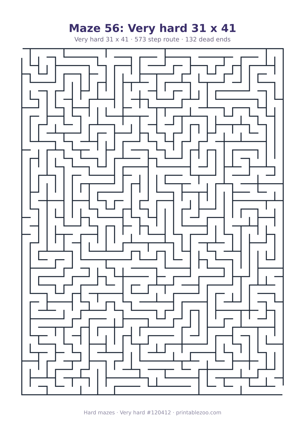 Printable very hard maze on a 31 by 41 grid with 132 dead ends and a 573 step route