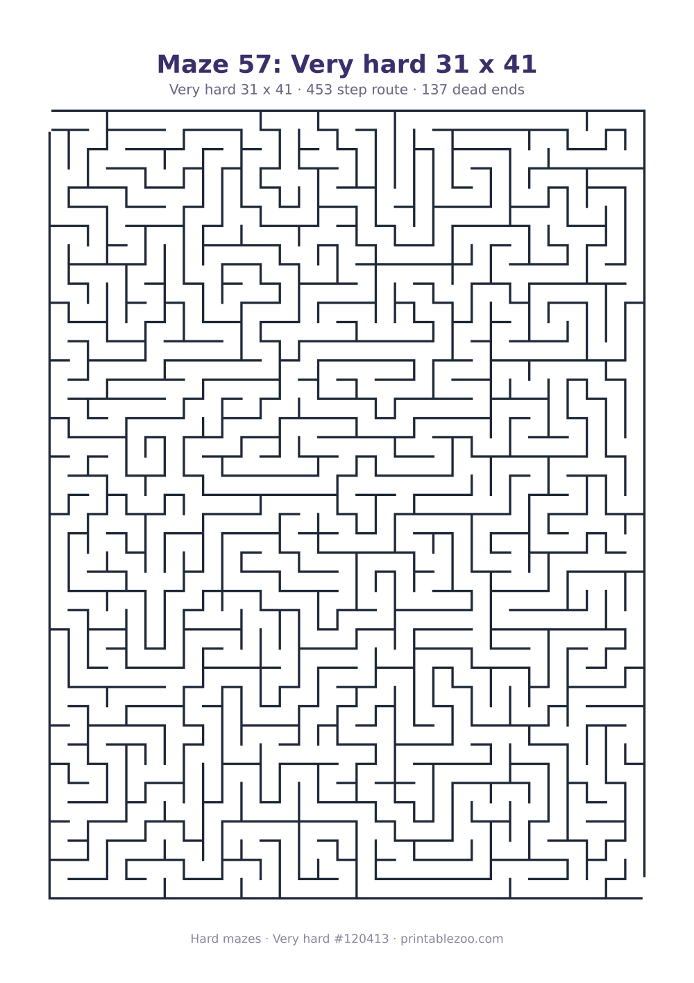 Printable very hard maze on a 31 by 41 grid with 137 dead ends and a 453 step route