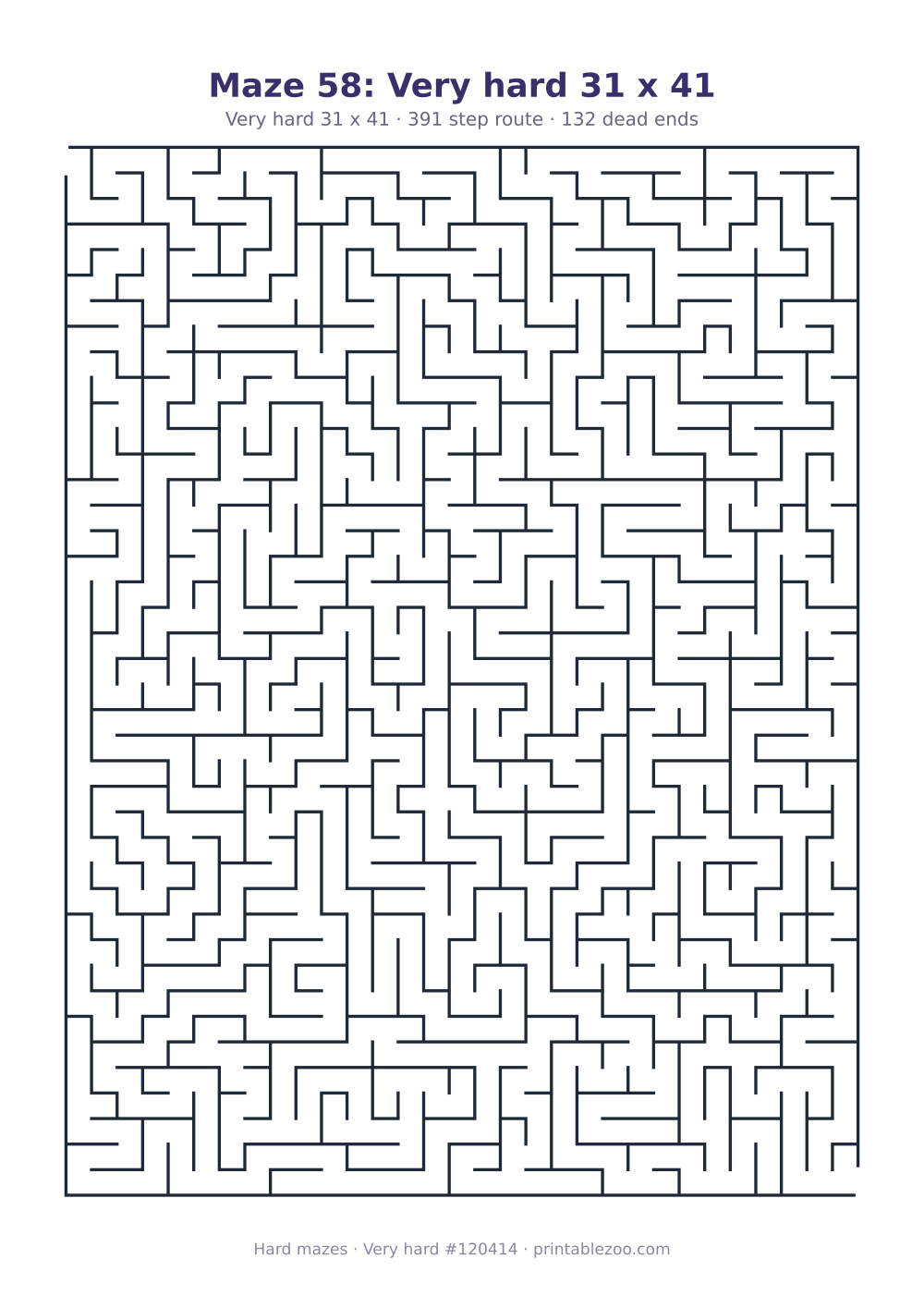 Printable very hard maze on a 31 by 41 grid with 132 dead ends and a 391 step route