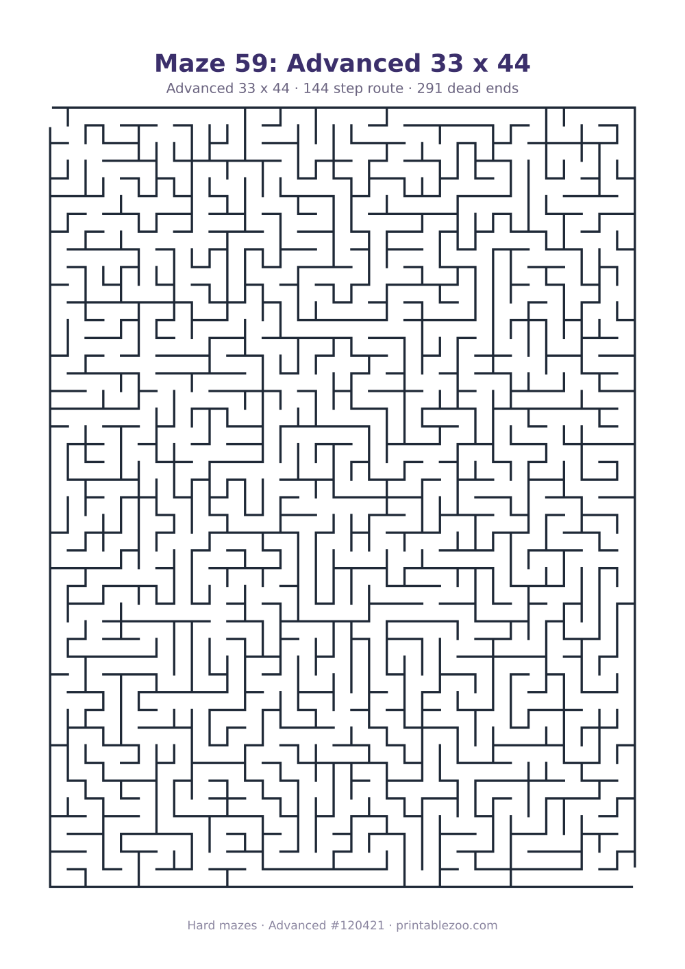 Printable advanced maze on a 33 by 44 grid with 291 dead ends and a 144 step route
