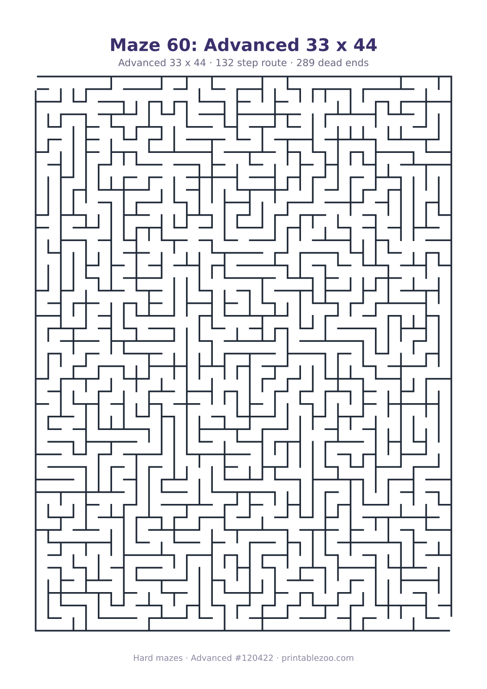 Printable advanced maze on a 33 by 44 grid with 289 dead ends and a 132 step route