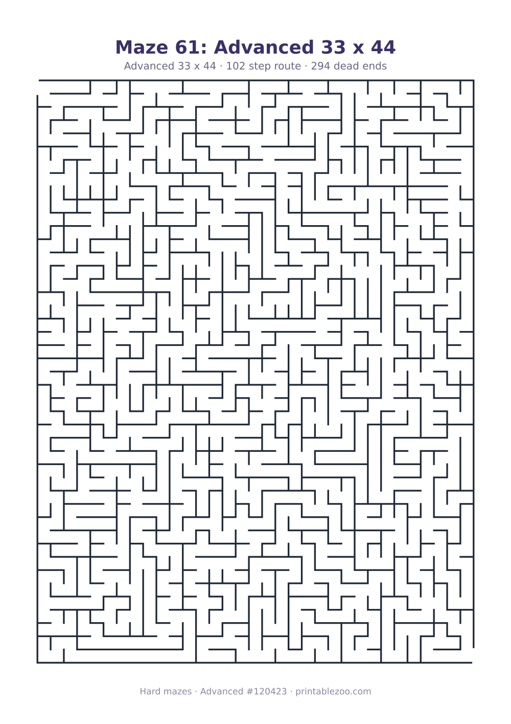 Printable advanced maze on a 33 by 44 grid with 294 dead ends and a 102 step route