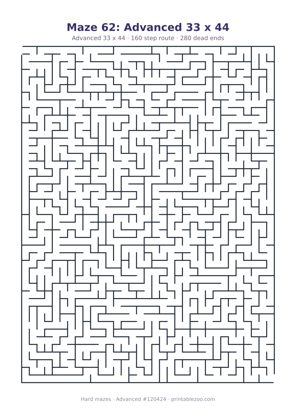 Printable advanced maze on a 33 by 44 grid with 280 dead ends and a 160 step route